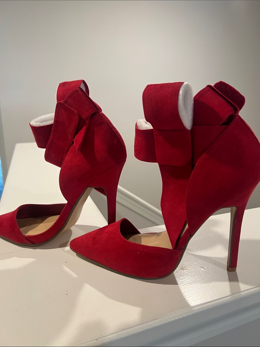 JustFab Red Suede Pointed-Toe Stiletto Pumps with Ankle Bow